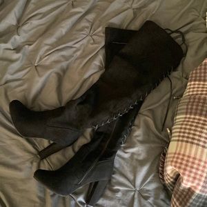 Fashion Nova Thigh high black heeled boots, size 7.5